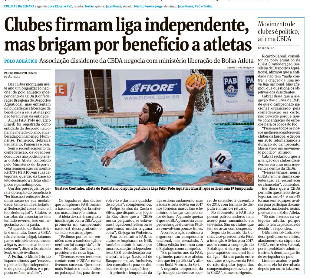 Matéria publicada na Folha de São Paulo, de 08 de dezembro de 2016